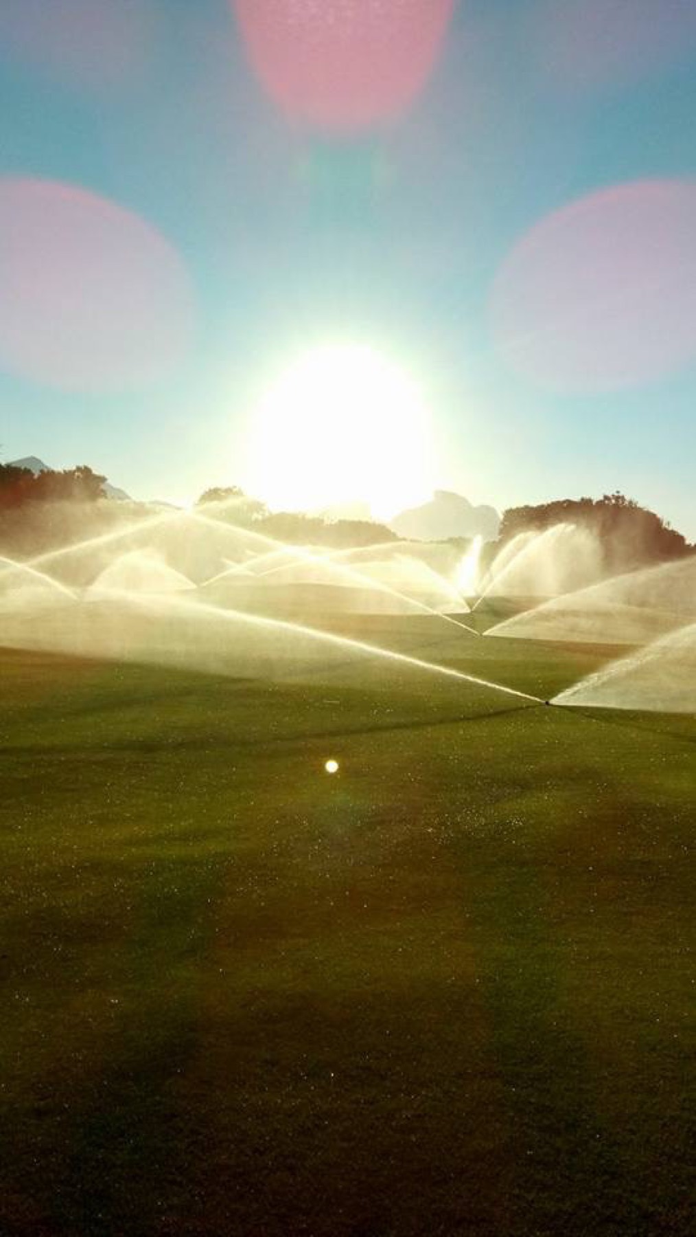 Golf course irrigation system running at dusk